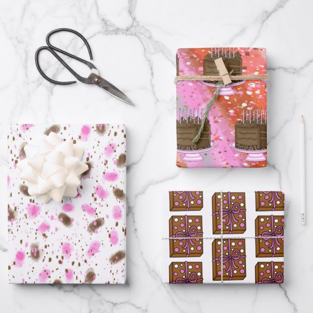 Brown and Pink Chocolate Cake Birthday   Wrapping Paper Sheet (Front)
