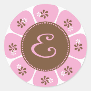 Brown and Pink Monogram E Classic Round Sticker