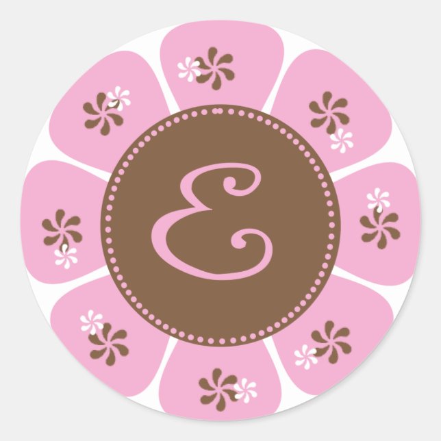 Brown and Pink Monogram E Classic Round Sticker (Front)