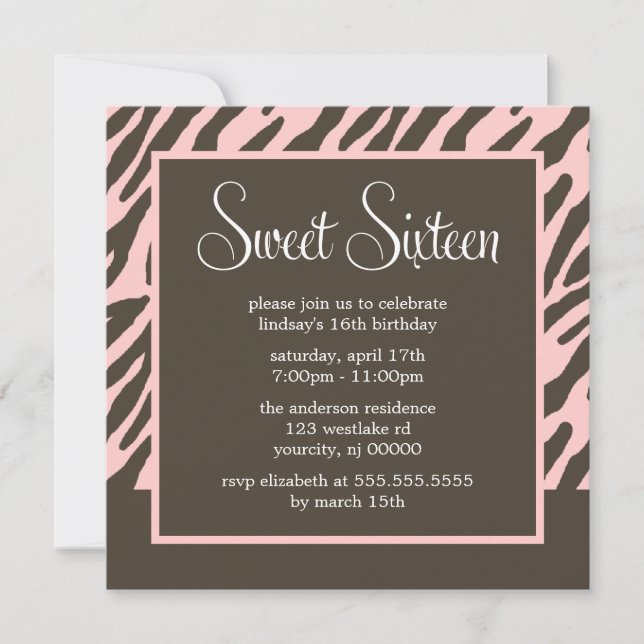 Brown and Pink Zebra Pattern Invitation (Front)