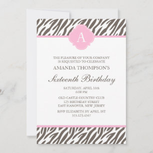 Brown and Pink Zebra Pattern Monogram Invitation