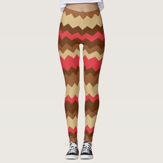 Brown and Red Autumn Zig Zag Striped Leggings (Front)