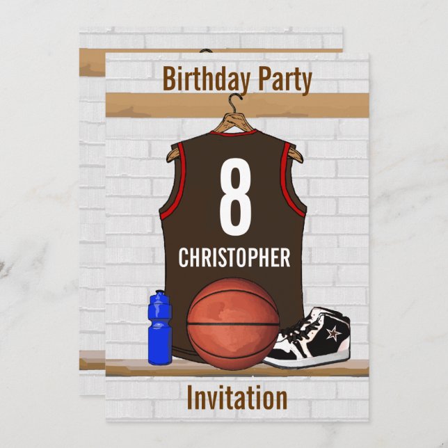 Brown and Red Basketball Jersey Birthday Party Invitation (Front/Back)