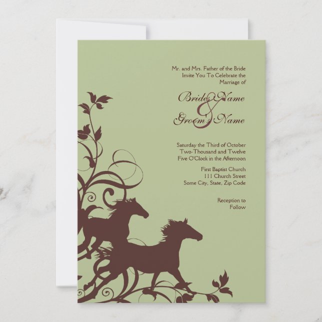 Brown and Sage Wild Horses Wedding Invitation (Front)
