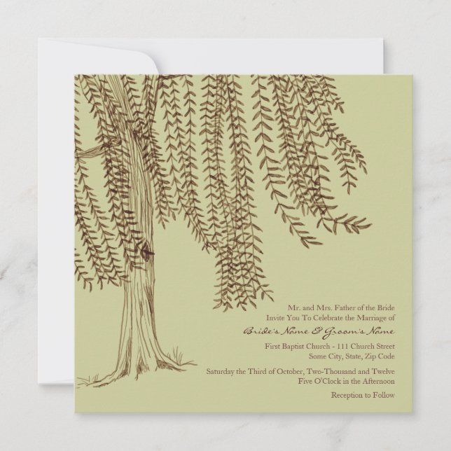 Brown and Sage Willow Tree Wedding Invitation (Front)