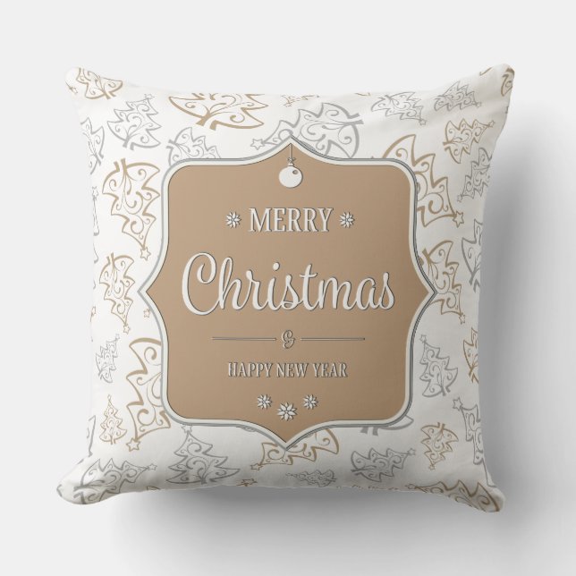 Brown and Silver Elegant Christmas Trees Pattern Cushion (Front)
