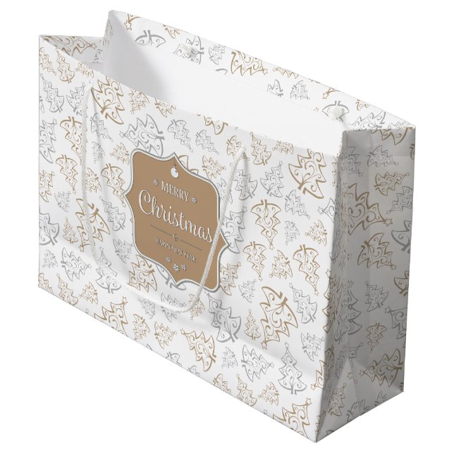 Brown and Silver Elegant Christmas Trees Pattern Large Gift Bag (Front Angled)