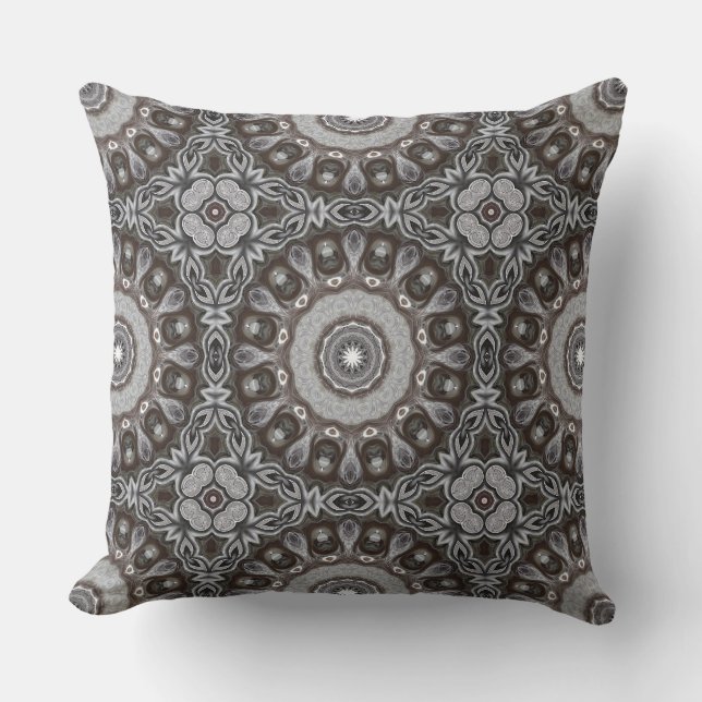 Brown and Silver Kaleidoscope Mandala Pattern Cushion (Front)