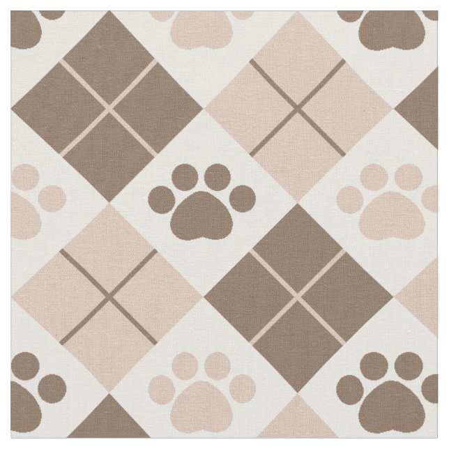 Brown and Tan Argyle Paw Print Pattern Fabric (Close Up)