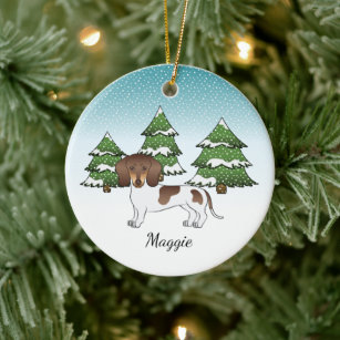 Brown And Tan Pied Short Hair Dachshund In Winter Ceramic Tree Decoration