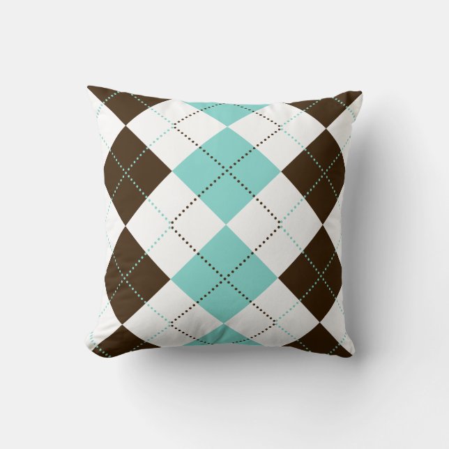 Brown and Teal Blue Chequered Patterns Cushion (Front)