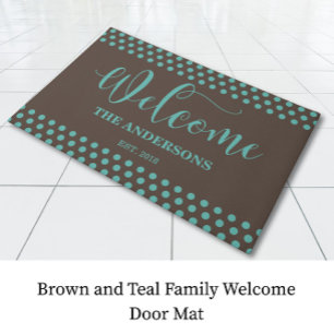 Brown and Teal Family Welcome Door Mat