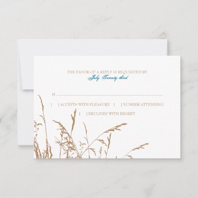 Brown and Teal Sea Grass Beach Wedding rsvp Card (Front)