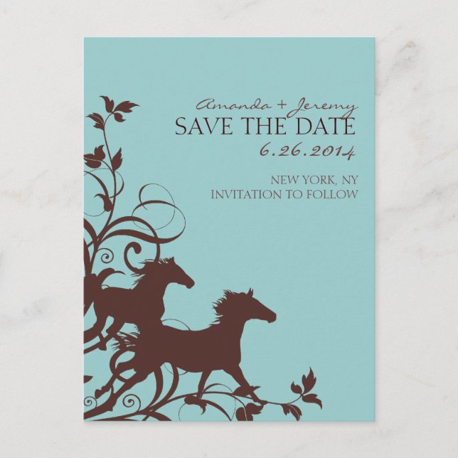 Brown and Teal Wild Horses  Save the Date Announcement Postcard (Front)