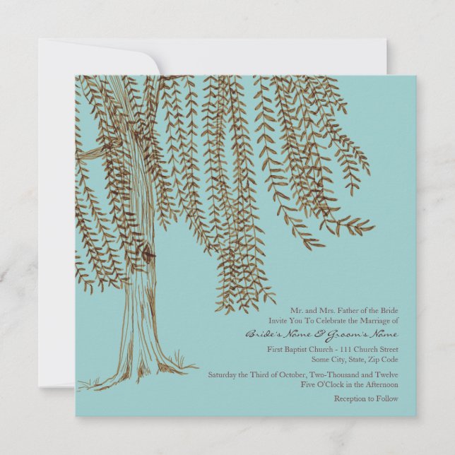 Brown and Teal Willow Tree Wedding Invitation (Front)