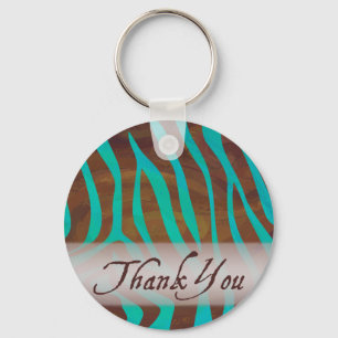 Brown and Teal Zebra Pattern Thank You Key Ring