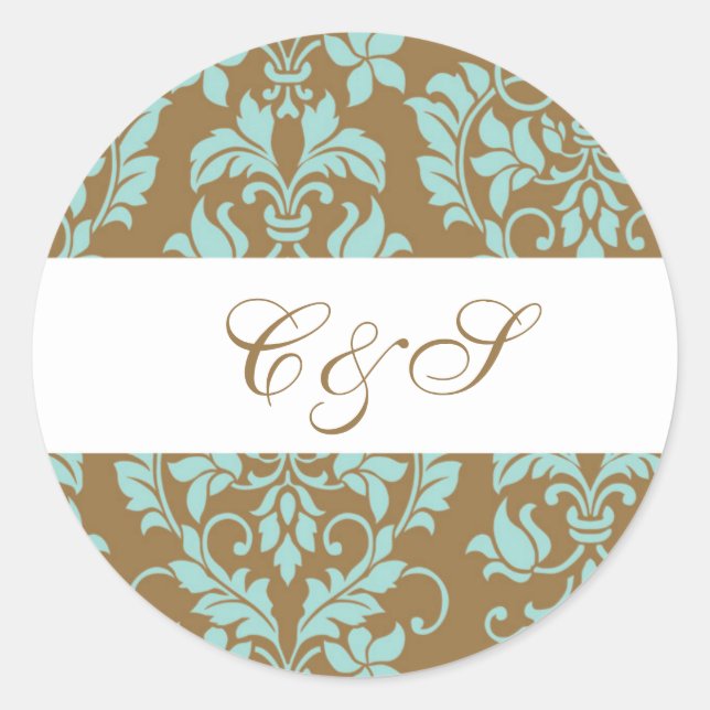 Brown and Tiffany Blue Damask Favour Stickers (Front)