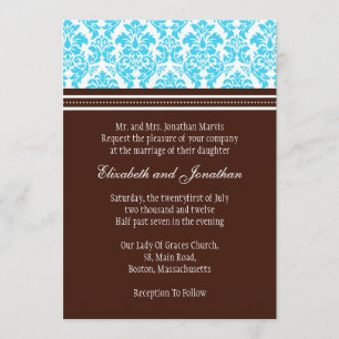 Brown and Turquoise Damask Wedding Invitation