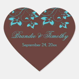 Brown and Turquoise Floral Heart Shaped Sticker