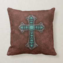 Brown and Turquoise Rustic Cross Throw Pillow