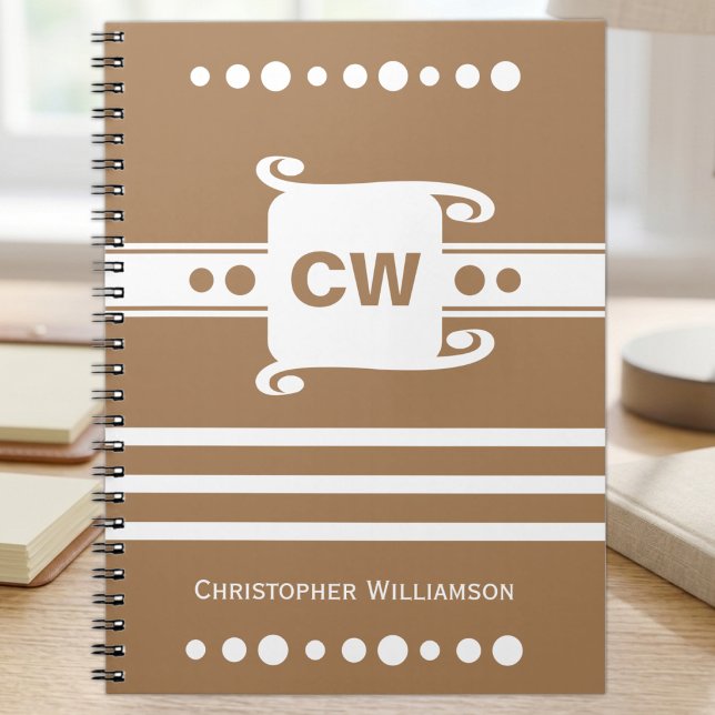 Brown and white add initials name striped notebook (Creator Uploaded)