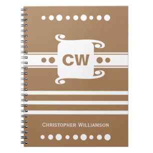 Brown and white add initials name striped notebook
