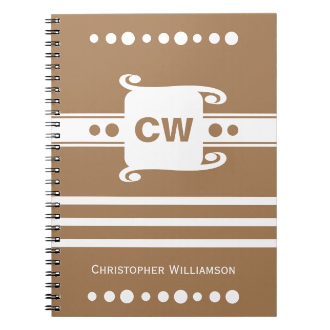 Brown and white add initials name striped notebook (Front)