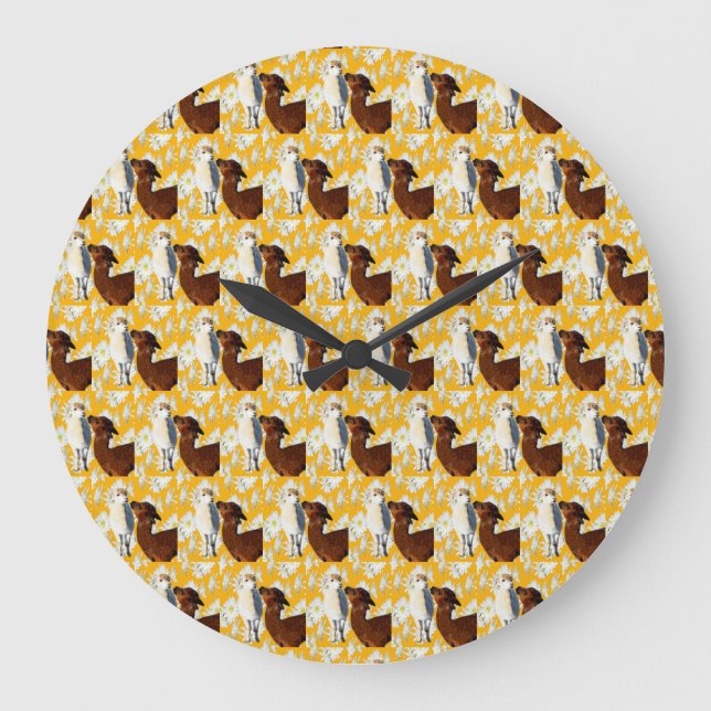 Brown And White Alpacas With Cactus Flowers, Large Clock (Front)
