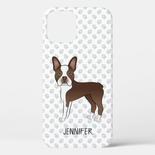 Brown And White Boston Terrier Cartoon Dog & Name Case-Mate iPhone Case (Back)