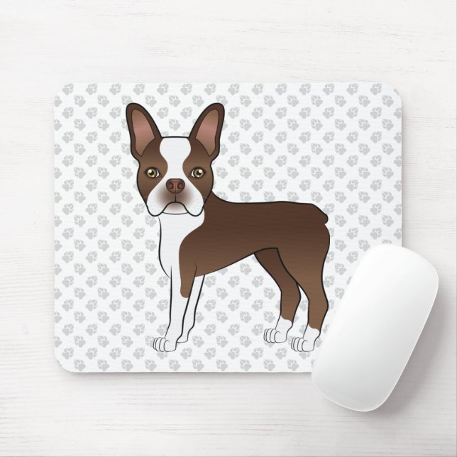 Brown And White Boston Terrier Cartoon Dog & Paws Mouse Pad (With Mouse)