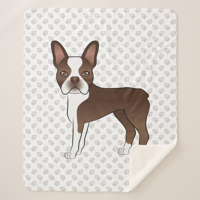 Brown And White Boston Terrier Cartoon Dog & Paws Sherpa Blanket (Front)
