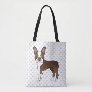 Brown And White Boston Terrier Cartoon Dog & Paws Tote Bag