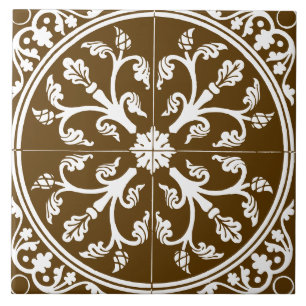 Brown and White Botanical Abstract Circle Vintage Tile