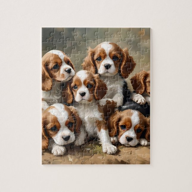 Brown And White Cavalier Spaniel Puppies, Jigsaw Puzzle (Vertical)