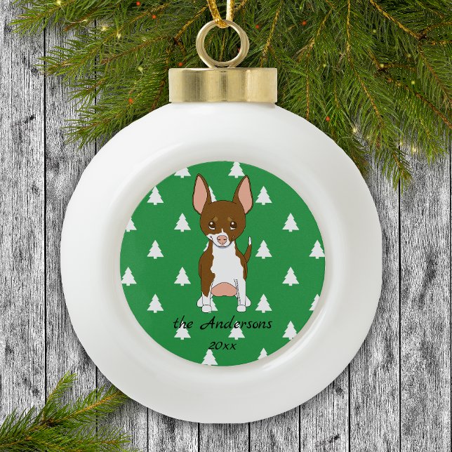 Brown and White Chihuahua White Christmas Trees Ceramic Ball Christmas Ornament (Cute brown and white chihuahua on green tree pattern — personalized family Christmas ornament.)