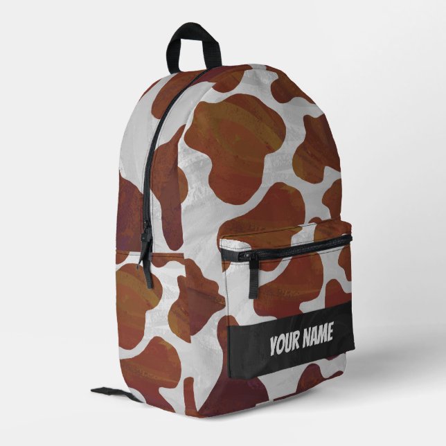 Brown and White Cow Pattern Monogram Printed Backpack (Back Corner Left)