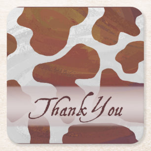 Brown and White Cow Spots Thank You Square Paper Coaster