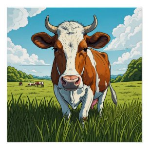 Brown and white Cow standing in a field of grass Poster
