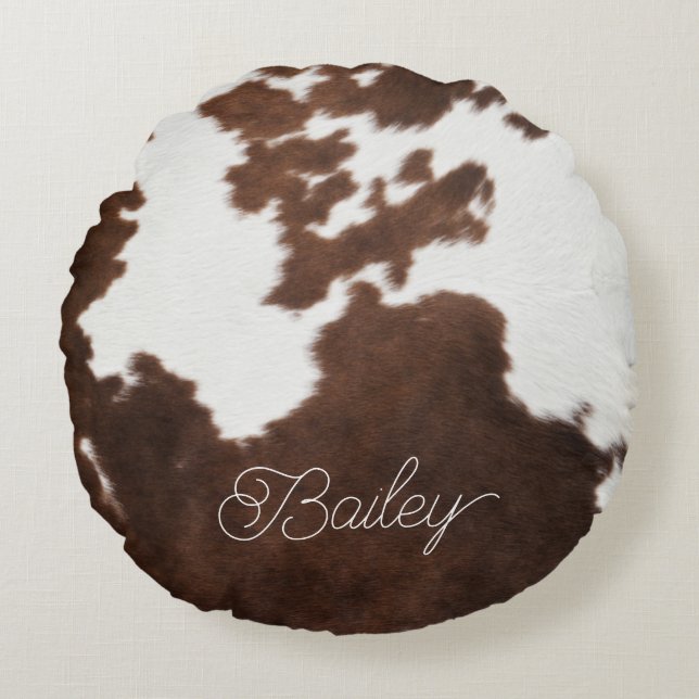 Brown and White Cowhide Round Cushion (Front)