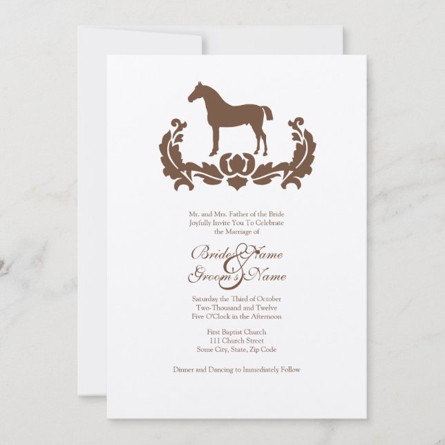 Brown and White Damask Horse Wedding Invitation (Front)