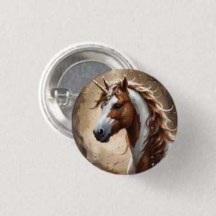 Brown And White Fantasy Unicorn,  3 Cm Round Badge