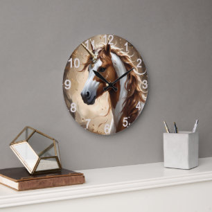 Brown And White Fantasy Unicorn,  Large Clock