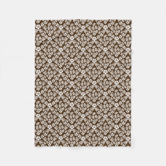 Brown and White Floral Damask Fleece Blanket (Front)