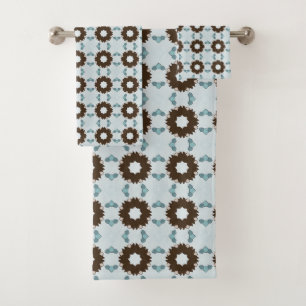 Brown and white flowers geometric patterned  bath towel set