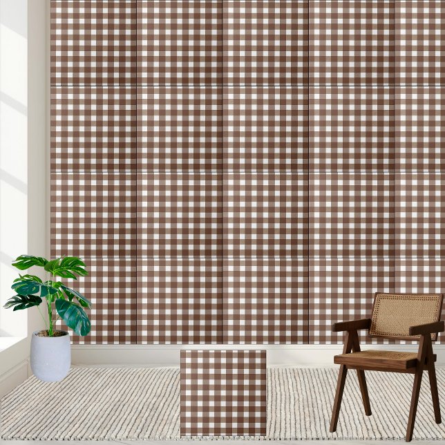 Brown and White Gingham Chequered Plaid Tile (Brown and White Gingham Checkered Plaid Tile)
