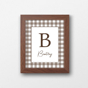 Brown and White Gingham Plaid Nursery Name Sign
