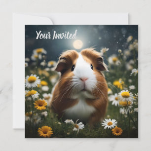 Brown And White Guinea Pig Moon And Daisies, Invitation