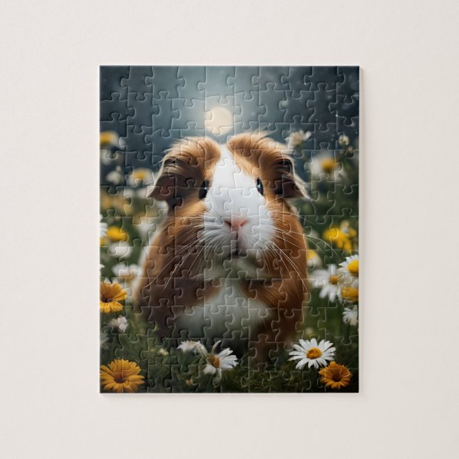 Brown And White Guinea Pig Moon And Daisies, Jigsaw Puzzle (Vertical)
