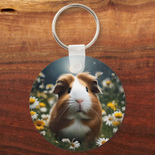 Brown And White Guinea Pig Moon And Daisies, Key Ring