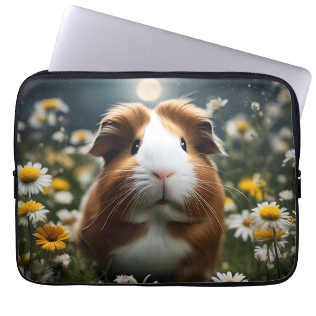 Brown And White Guinea Pig Moon And Daisies, Laptop Sleeve (Front)
